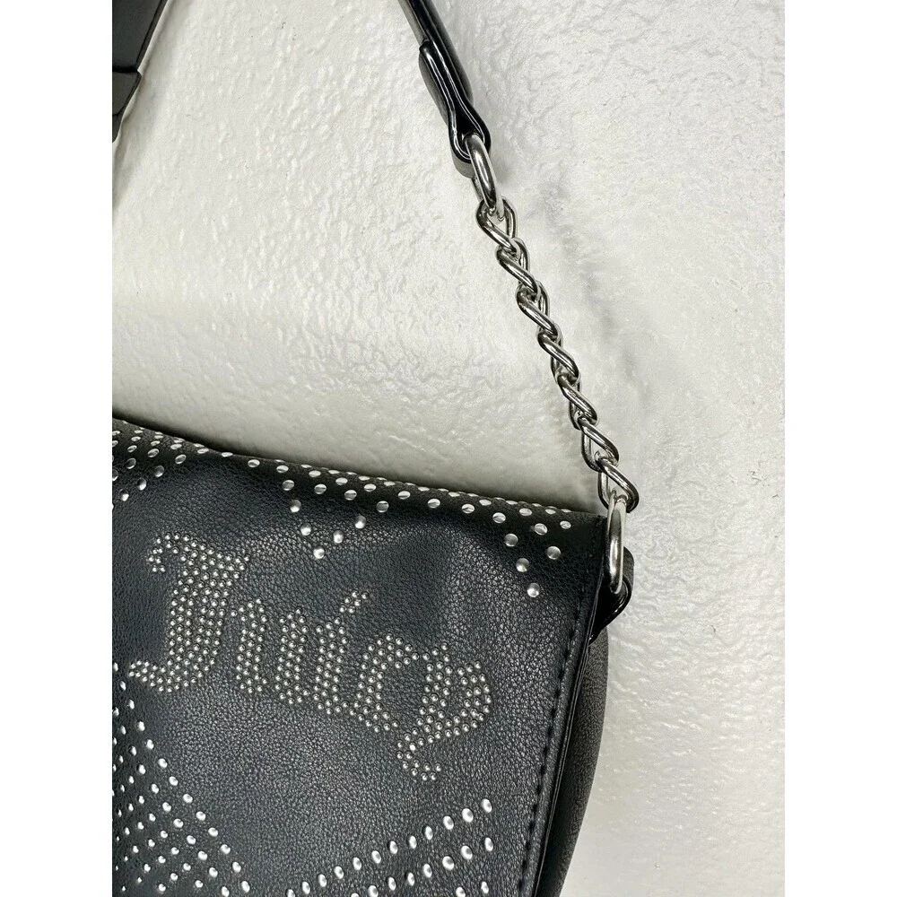 Juicy Couture Shoulder Bag Womens Small Black Faux Leather Studded Chain Strap
